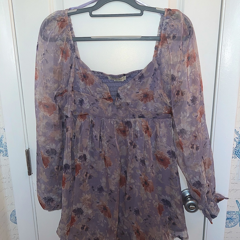 Floral Purple Women's Long Sleeve Mini Dress
